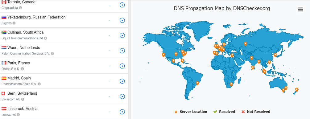 DNS propagation data presented by the DNSchecker tool.