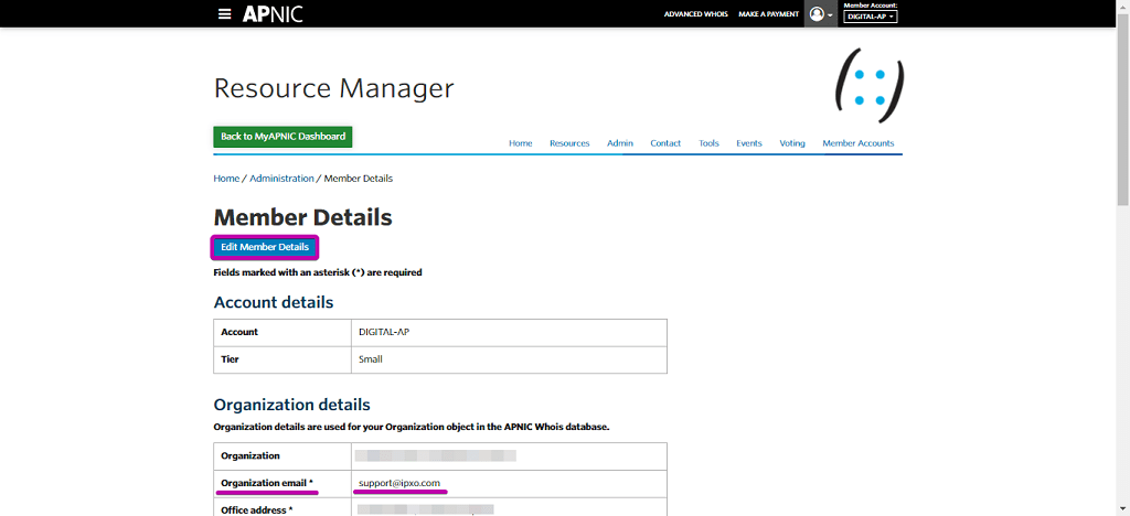 Edit Member Details button highlighted in APNICs Resource Manager menu.