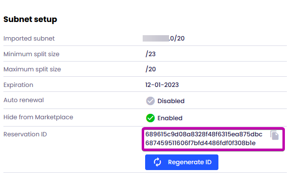 Reservation ID in the Subnet setup information window.