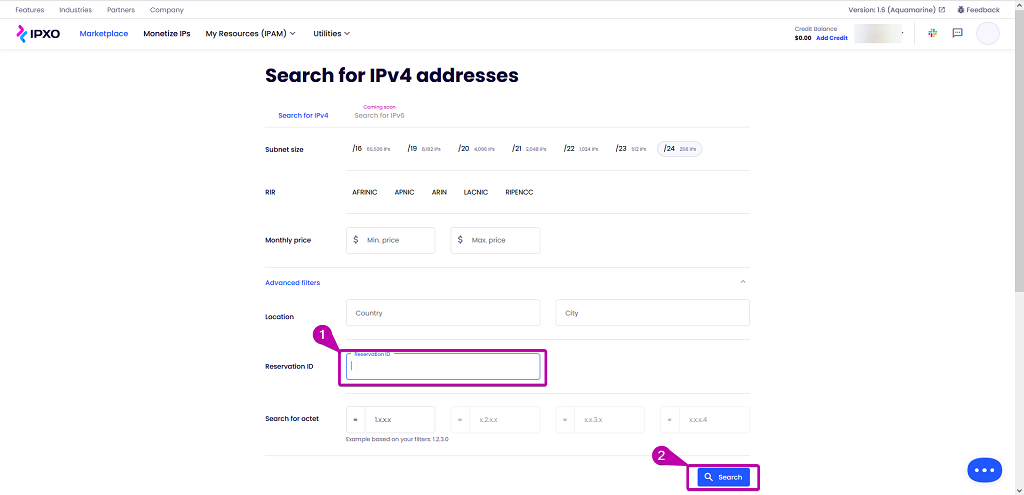 Reservation ID field and Search button highlighted in IPXO Marketplace search.