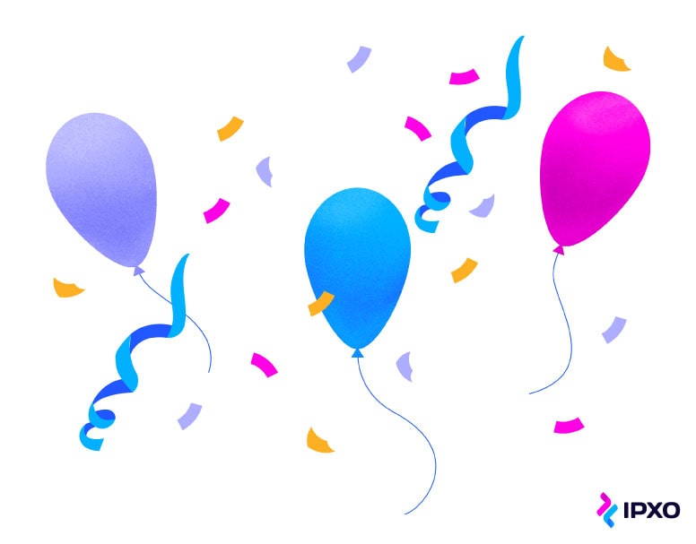 Baloons for the celebration of the IPXO platform launch in 2021.
