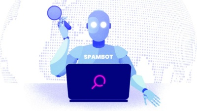 A spam bot sitting in front of a computer with a magnifying glass.