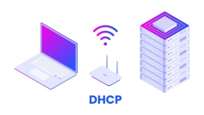 A router between a laptop and a server form a DHCP connection.