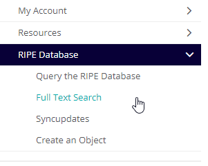 Full Text Search menu shortcut highlighted in RIPE NCC's Dashboard.
