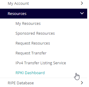 Resources menu shortcut highlighted in RIPE NCC's Dashboard.