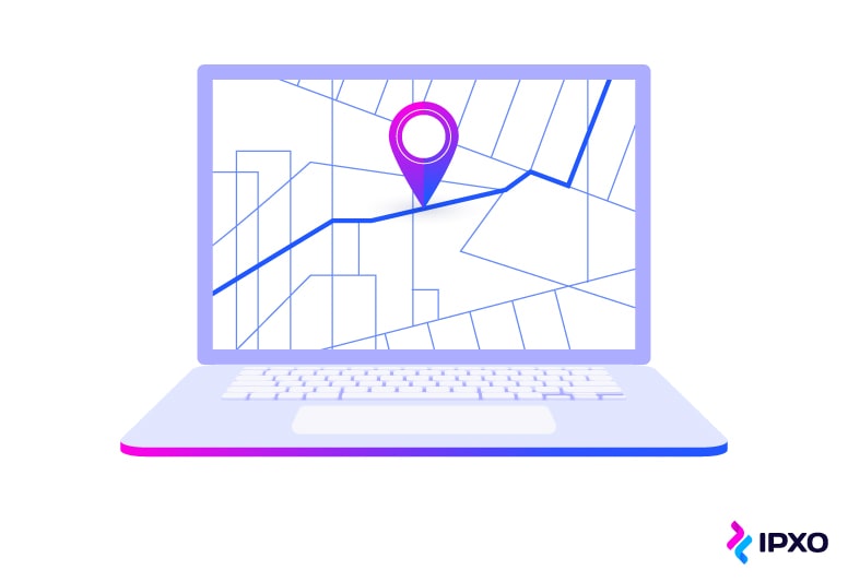 Map on a laptop screen with the destination pinned for a data packet.