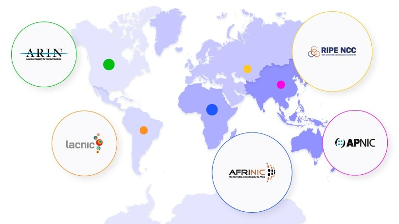 Five service regions in different colors representing five regional internet registries.