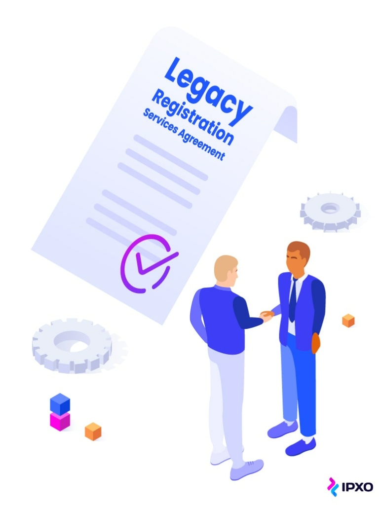 Two people shaking hands over Legacy Registration Services Agreement.