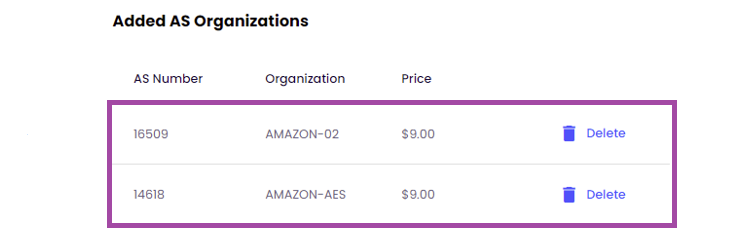Two AS numbers that belong to Amazon listed in IPXO Portal.