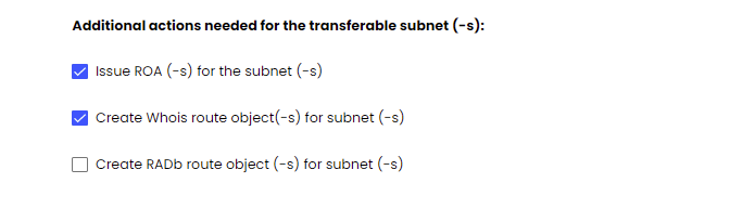 List of Additional actions needed for the transferable subnet (-s).