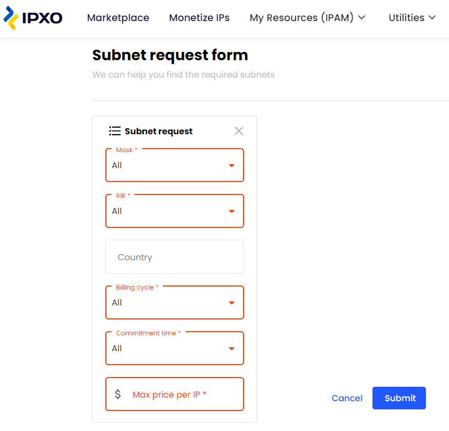 Subnet request form with fields that need to be filled.