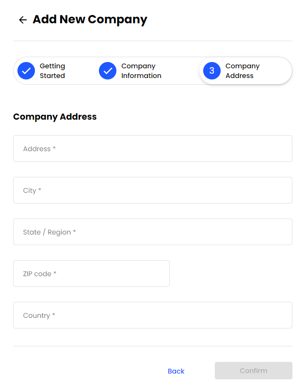 Company Address tab in IPXO's Add New Company menu.