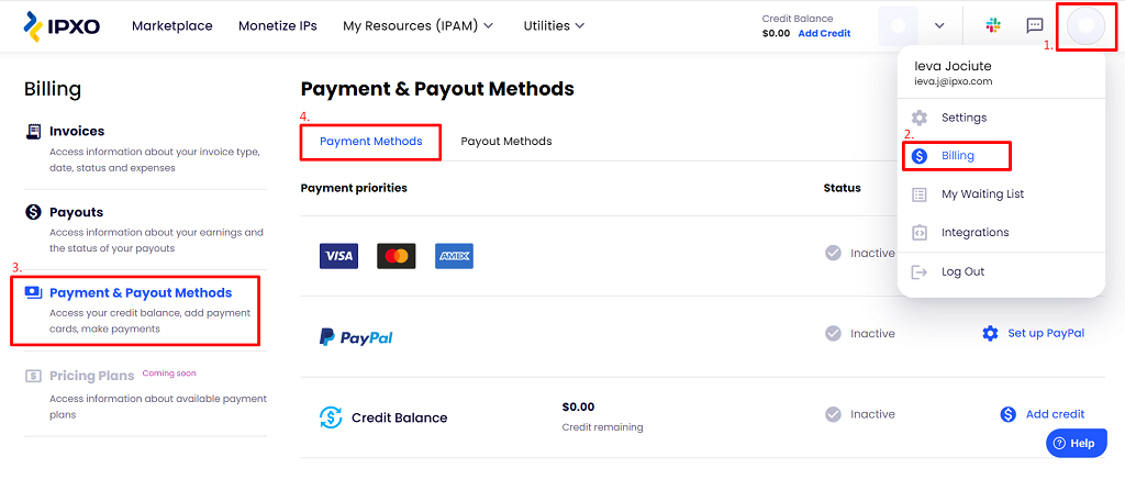 Payment Methods list in the IPXO Payment & Payout Methods menu.