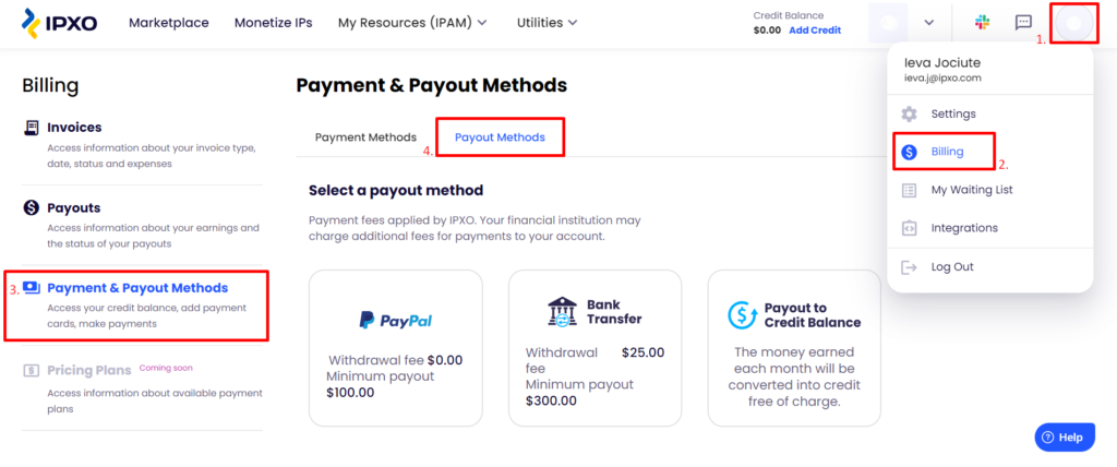 Payout Methods menu in the IPXO Portal.