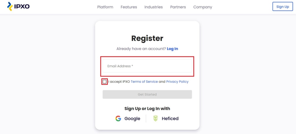 IPXO Portal registration form with email address field highlighted.