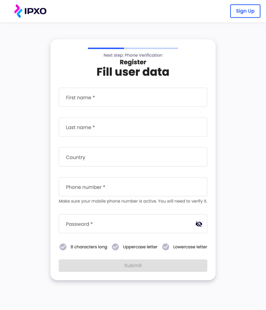 Fill user data form in the IPXO Portal.