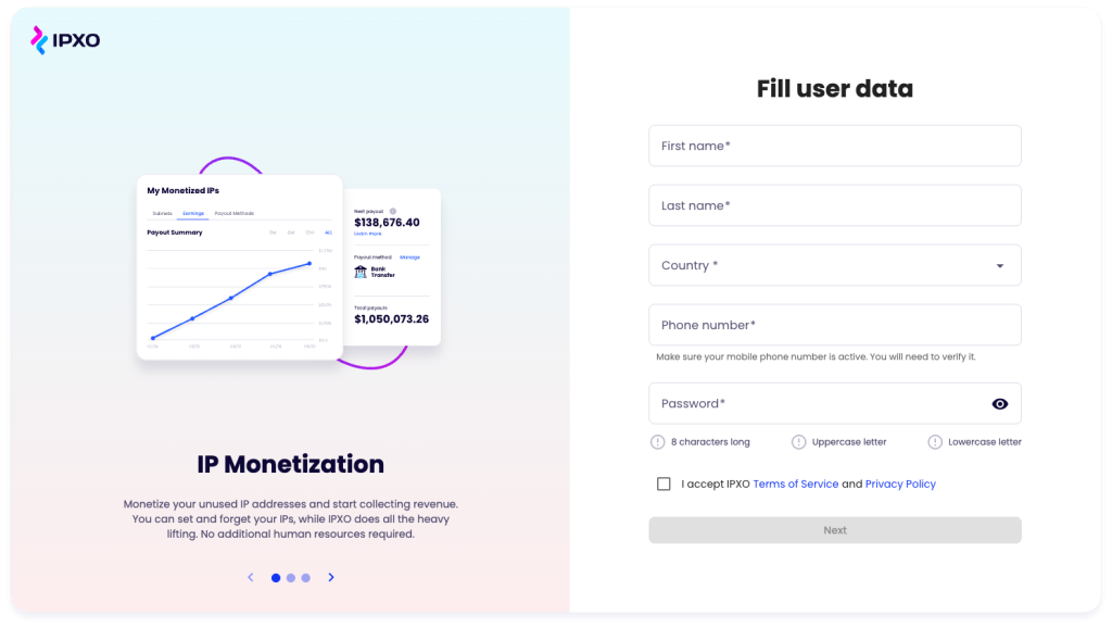 Fill user data form in the IPXO Portal