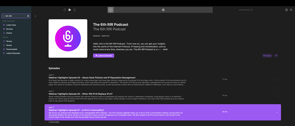 The 6th RIR Podcast screenshot on Apple Podcasts.
