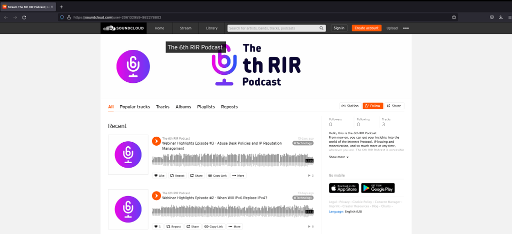 The 6th RIR Podcast screenshot on SoundCloud.