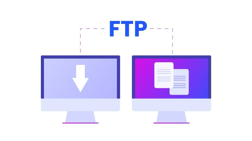 Two computers exchanging files with FTP sign above them.