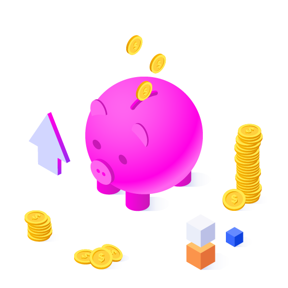 A piggy bank with gold coins around it and an arrow pointing up.