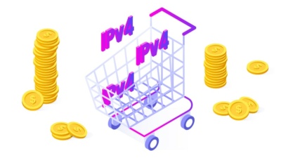 A shopping cart full of IPv4 addresses with coins around them.