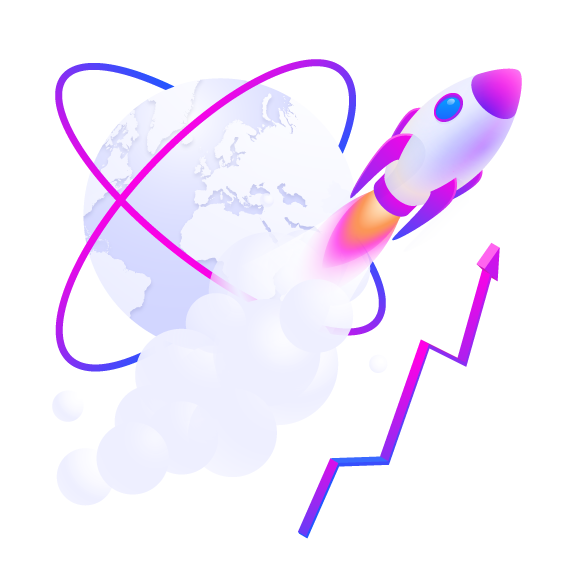 A rocket shooting up past a globe that represents the internet.