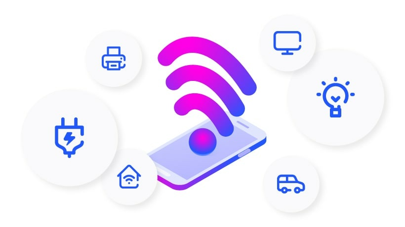 Wi-Fi icon with IoT objects around it.