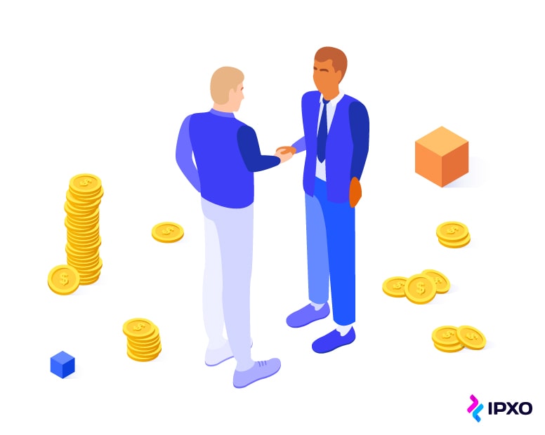Two people making IP transfer agreement by shaking hands.