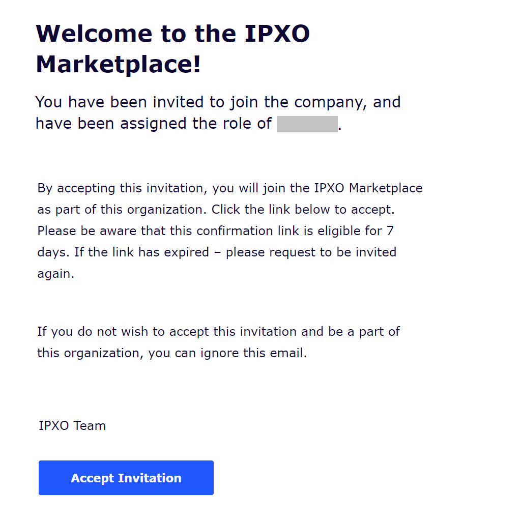 Accept Invitation to IPXO platform email template.