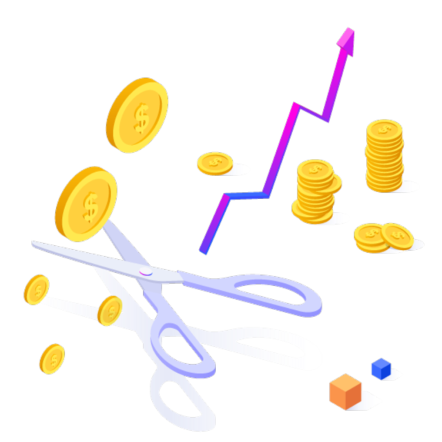 Scissors among gold coins and a statistics line.