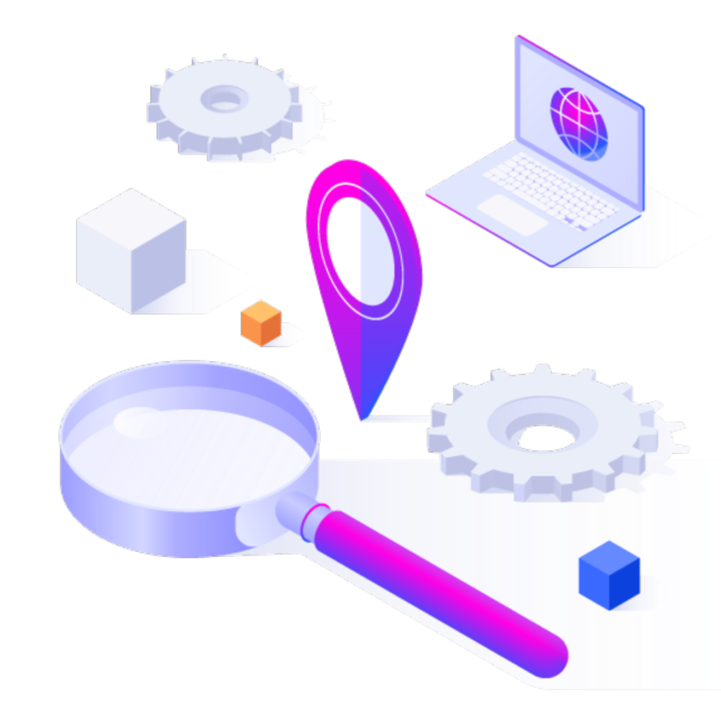 A laptop, a magnifying glass, a geolocation market and two cogs.