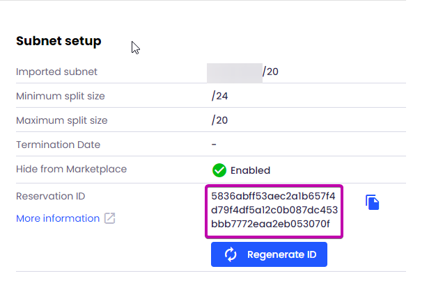 Reservation ID in the Subnet setup information window.