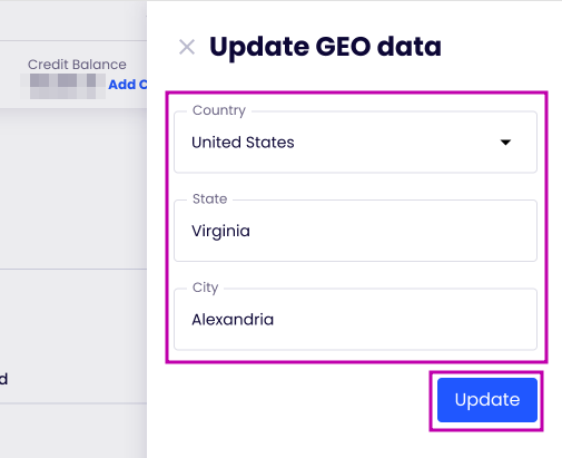 The Update GEO Data request form within the IPXO Portal.