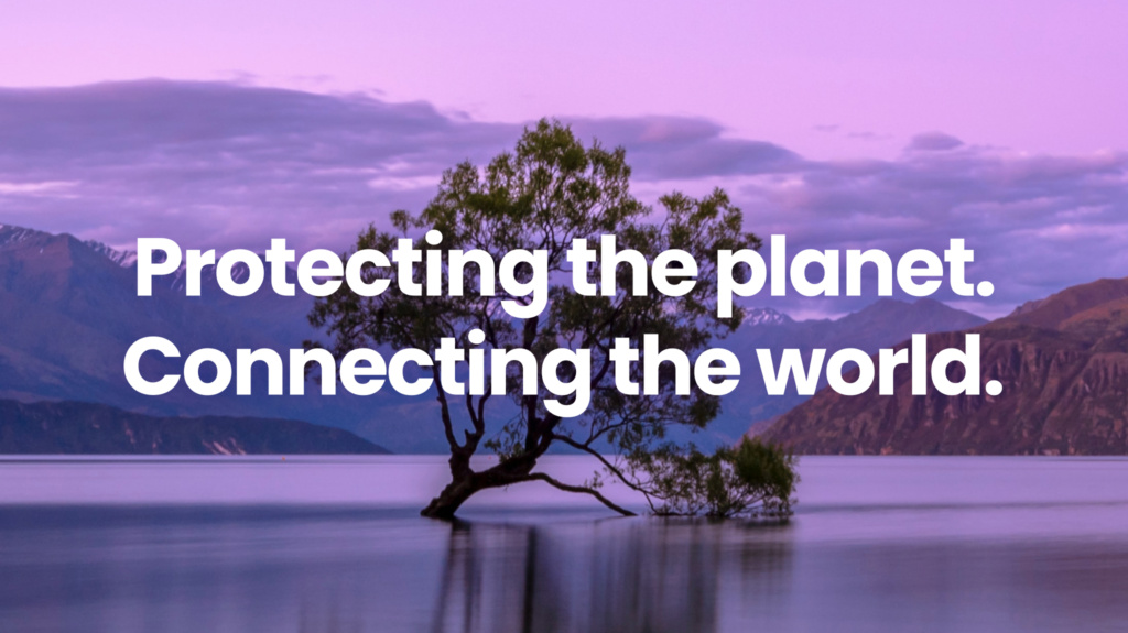 A tree leaning into water with words 'protecting the planet, connecting the world' on top.