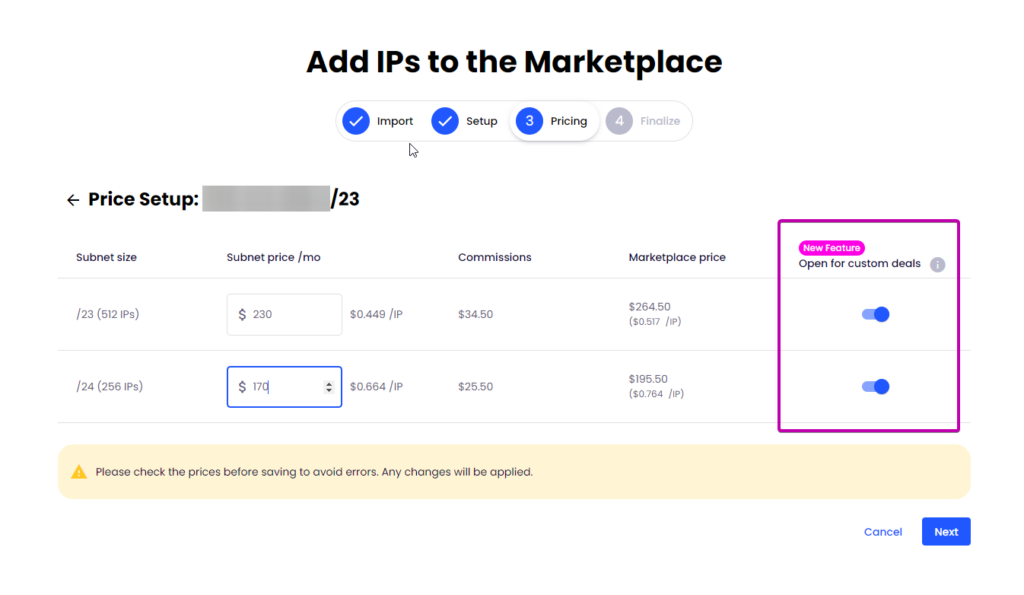 New feature 'Open for custom deals' highlighted in the subnet's price setup menu.