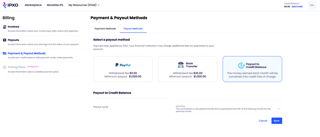 Credit Balance payout method in the IPXO Marketplace Payment & Payouts menu.