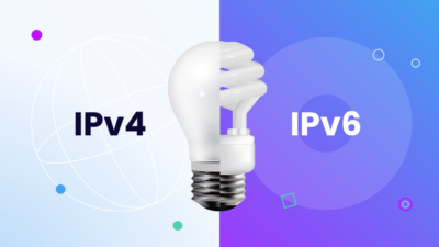 A stylized light bulb split into two sections, representing IPv4 and IPv6. The section representing IPv4 is depicted with a traditional bulb, while the section representing IPv6 is depicted with a modern, energy-efficient LED bulb.