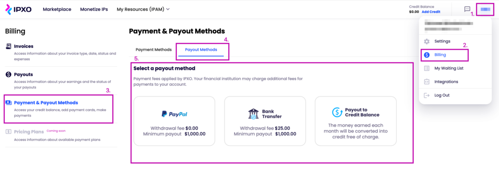 Steps in the IPXO Marketplace Billing menu to access Payout Methods.