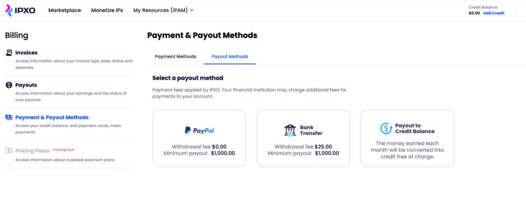 List of Payout Methods in the IPXO Marketplace Billing menu.
