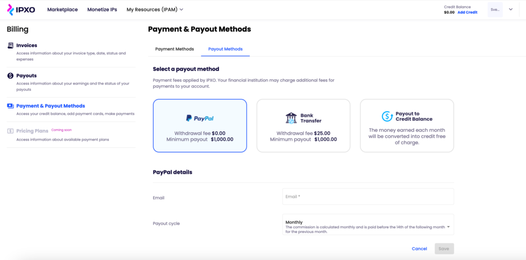 PayPal payout method in the IPXO Marketplace Payment & Payouts menu.