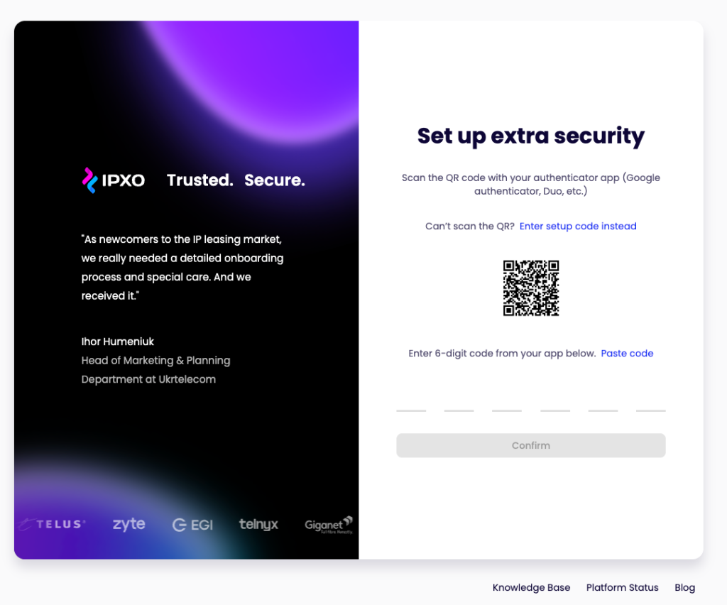 The Set up extra security screen displaying the QR code and the 6-digit code entry field.