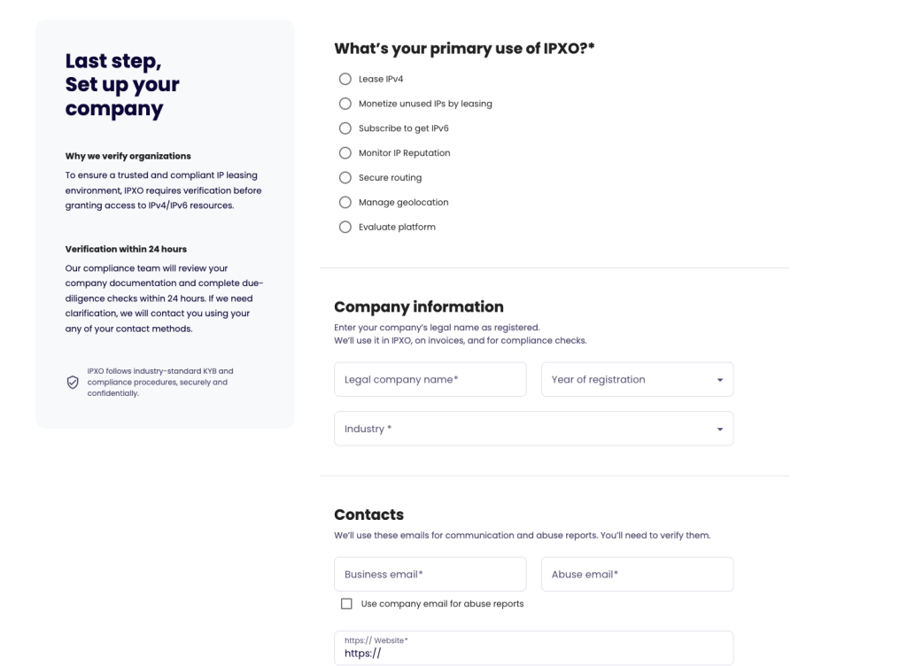 The Set up your company page showing the primary use options and Company information fields.
